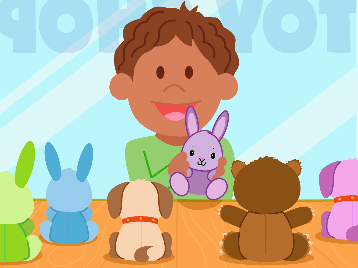 An animation of a child playing with stuffed animals