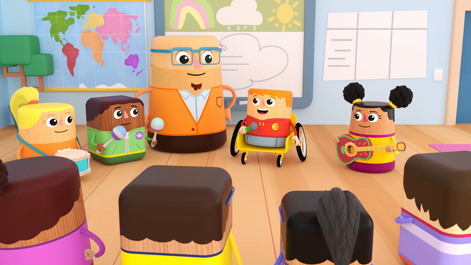Bea's block characters in a classroom.