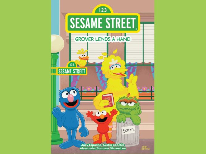 Grover Lends a Hand cover with Grover Elmo, Oscar and Big Bird.