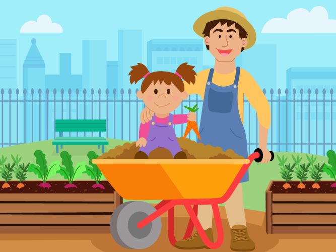 A Grown-up and child helping out in a community garden.