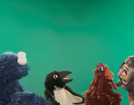 Cookie monster, a penguin and a chicken