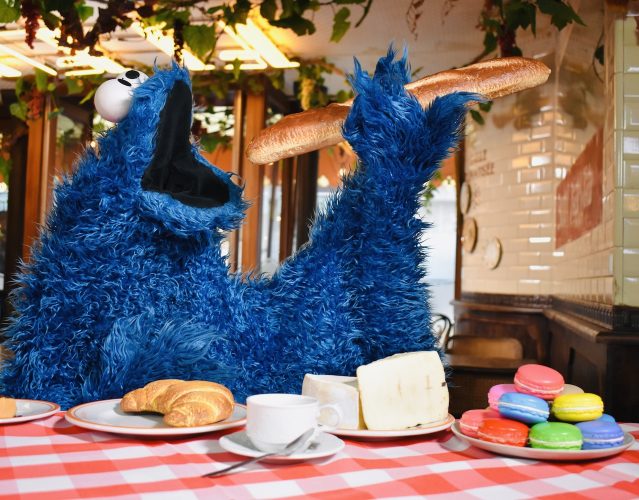 Cookie eating treats at a Parisian cafe.