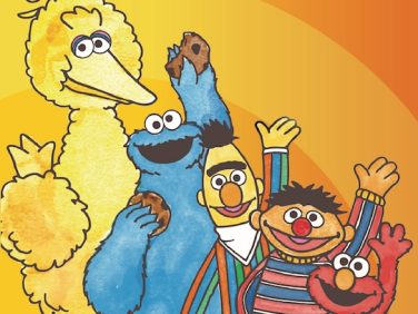 An illustration of Big Bird, Cookie monster, Elmo, and Bert and Ernie