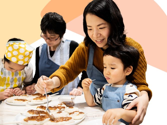 A family making food together.