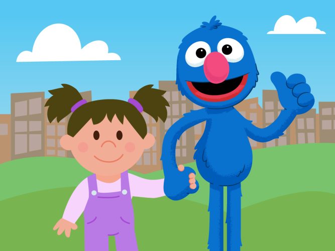 Grover and a child holding hands.