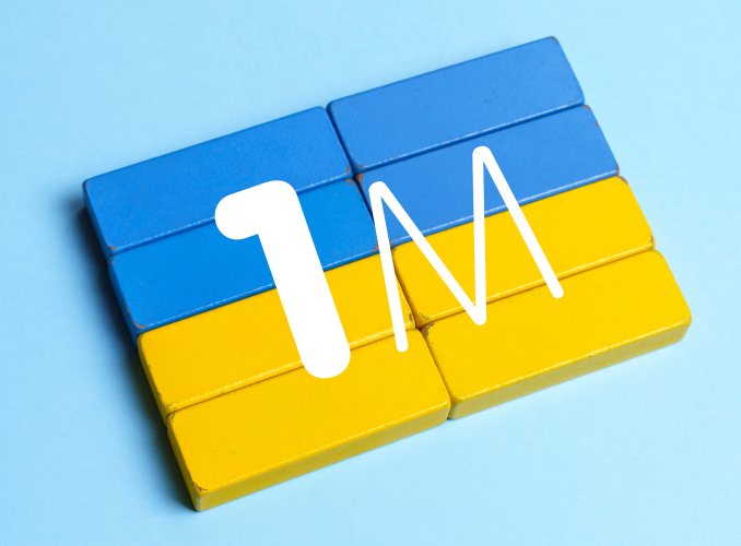 Blue and yellow blocks with 1M on them.