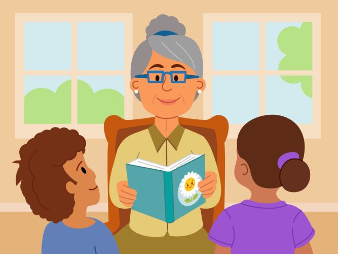 Grandmother reading to children.