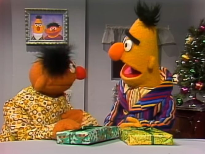 Bert and Ernie on Christmas morning.