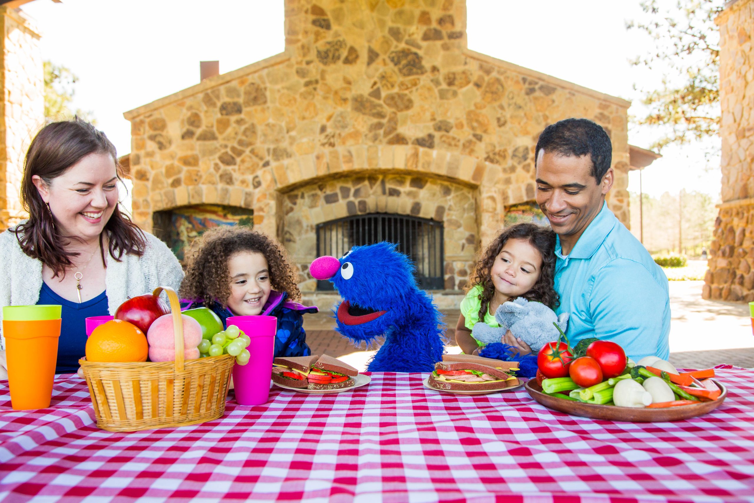 a family sitting at a picnic table.