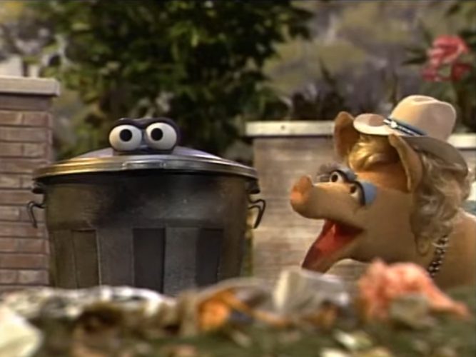 A pig and a trash can.