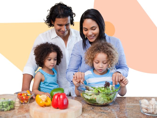 A family making a healthy salad.