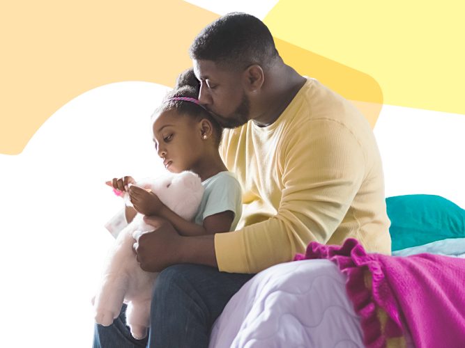 Parent and child calming down together