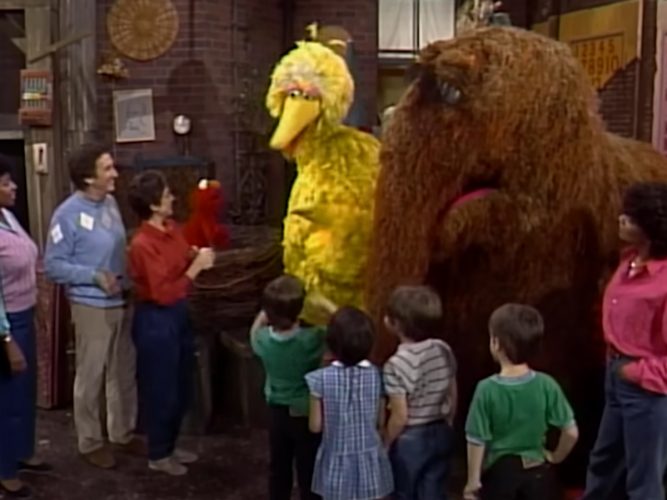Big Bird and Snuffy on Sesame Street.
