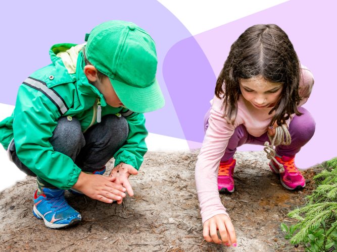 Children looking at the ground.