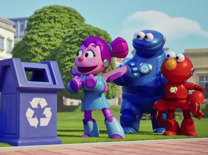 Mecha Abby, Elmo and Cookie Monster with a recycling bin.