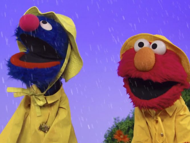 Elmo and Grover in the rain.