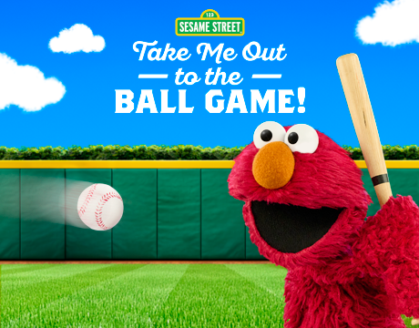 Elmo swinging a baseball bat.