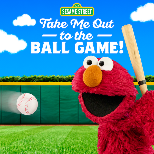 Elmo swinging a baseball bat.