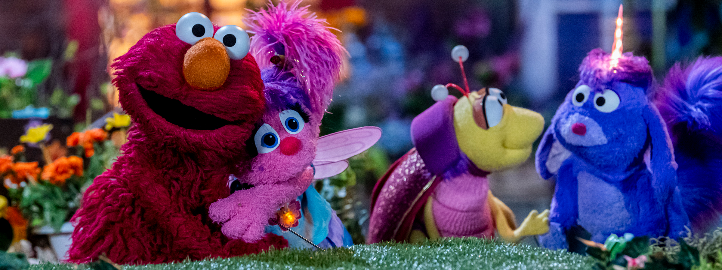 Elmo and Abby hugging in the garden.