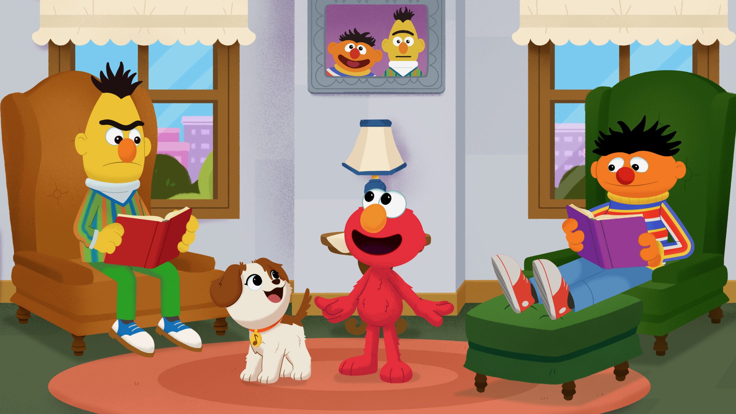 Elmo and Tango with Bert and Ernie.