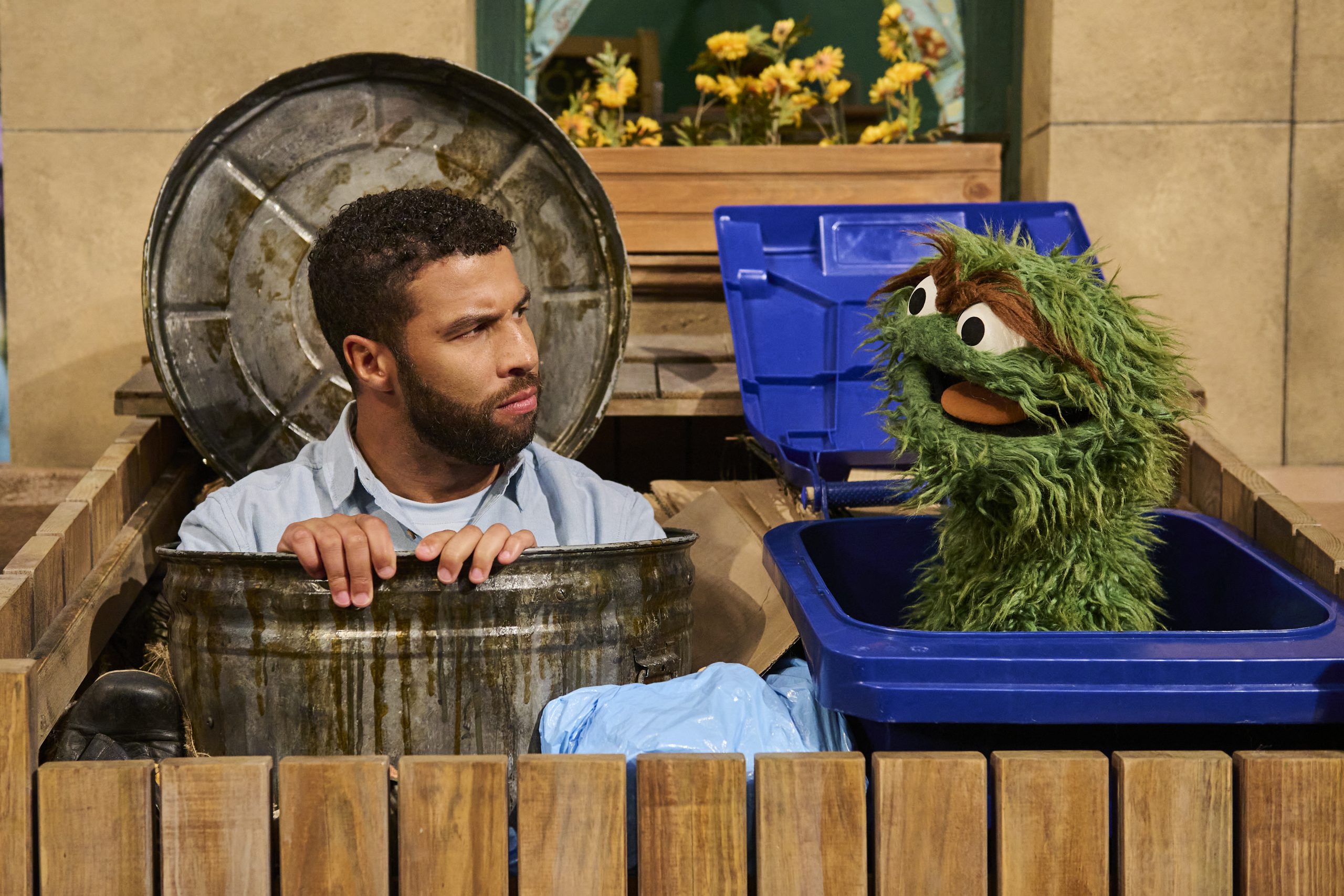 Bubba Wallace in Oscar's Trash Can.