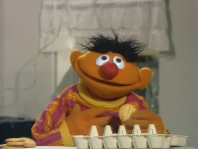 Ernie and an egg carton.