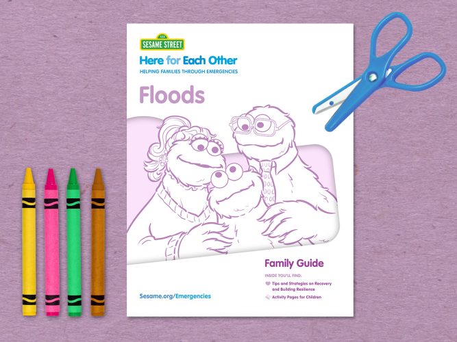 Floods Emergency Guide cover printable with Cookie Monster's mom, Cookie Monster, and Cookie Monster's dad.