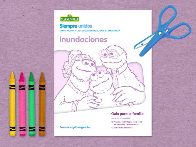Floods Emergency Guide cover printable in Spanish with Cookie Monster's mom, Cookie Monster, and Cookie Monster's dad.