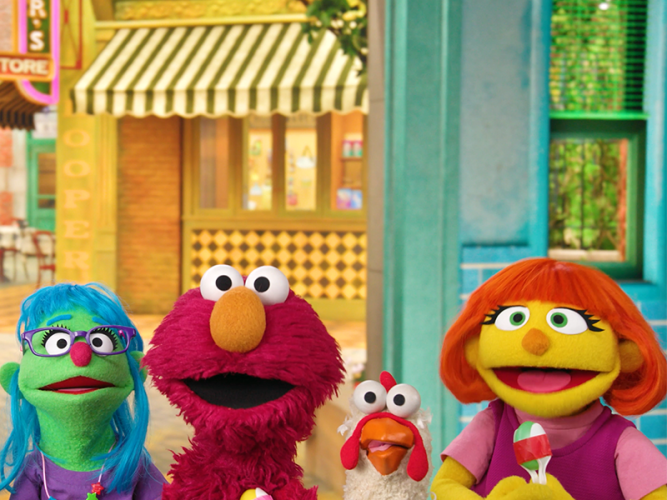 Elmo, Julia, and their friends.