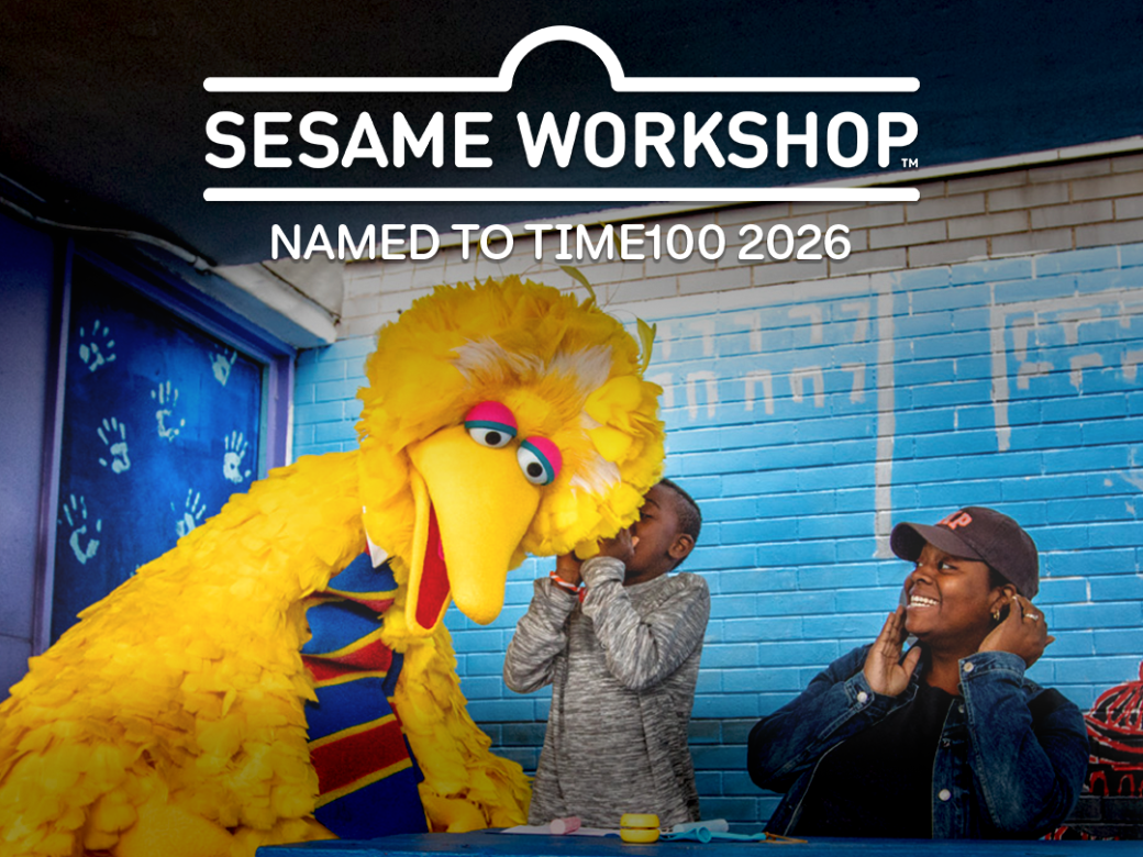 Time100 2026 and Sesame Workshop over Big Bird and a family.