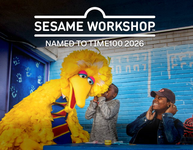 Time100 2026 and Sesame Workshop over Big Bird and a family.