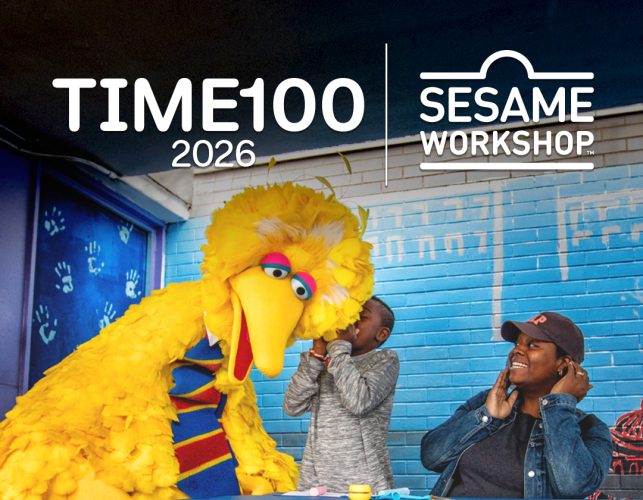 Time100 2026 and Sesame Workshop over Big Bird and a family.