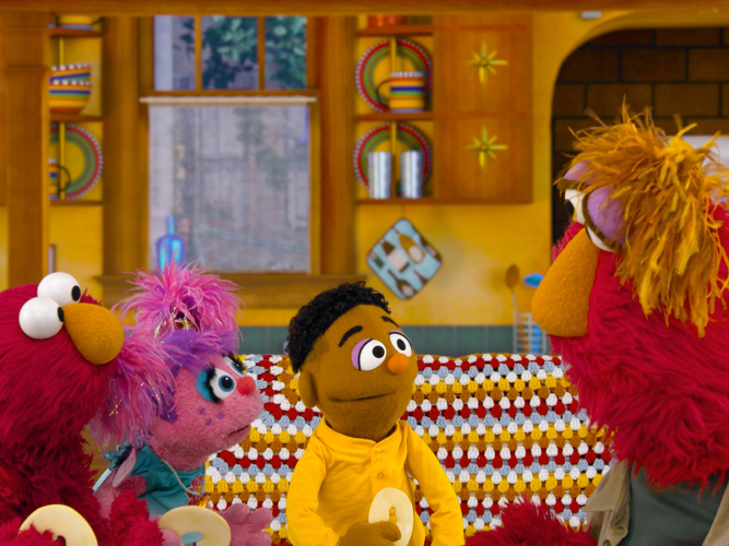 Zoe, Elmo, Wes, and Emo's dad