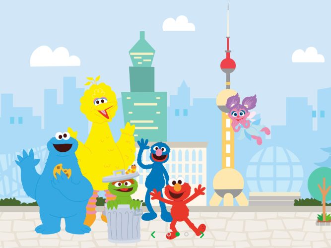 Illustrated Cookie Monster, Big Bird, Oscar and Elmo.