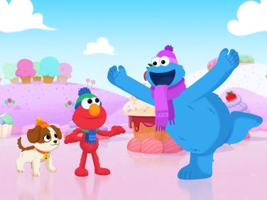 Elmo , Tango and Cookie Monster skating on ice.