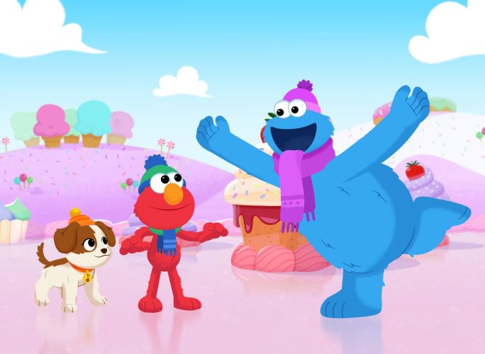 Elmo , Tango and Cookie Monster skating on ice.