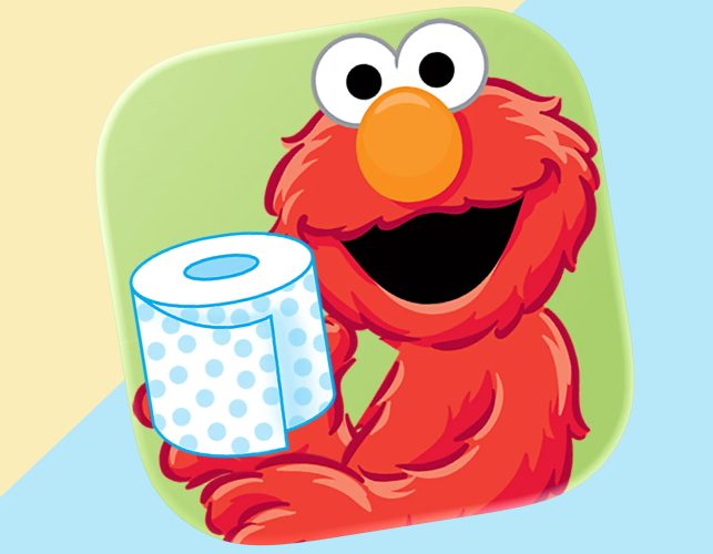 Elmo holding toilet paper.