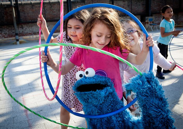 Cookie Monster and children in the park