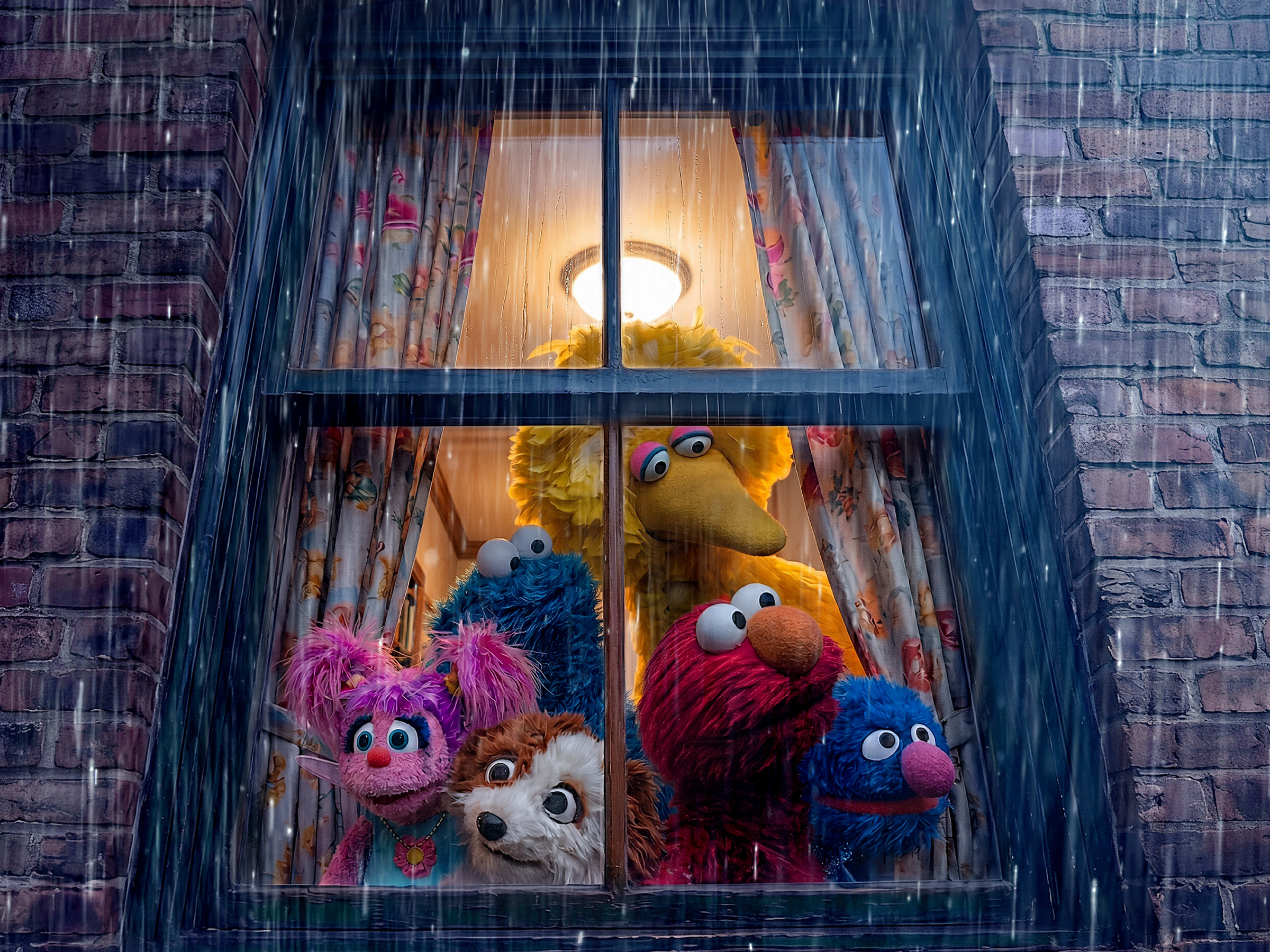 Thunderstorm happening as Sesame Street characters watch.