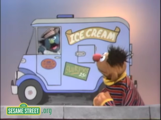Ernie next to a icecream truck